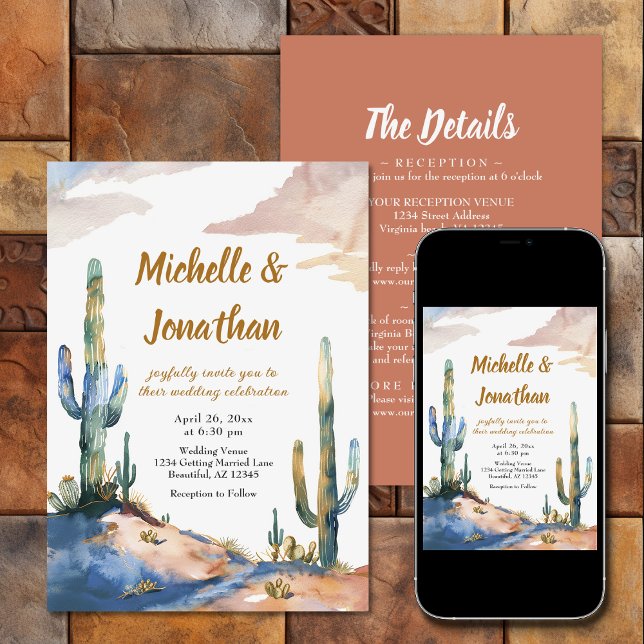 Invitación Desierto de Cactus acuarela en un solo Boda (Watercolor Cactus Desert All in One Wedding Invitation)