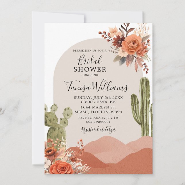 Invitación Desierto del Suroeste Cactus Floral Bridal Shower (Anverso)