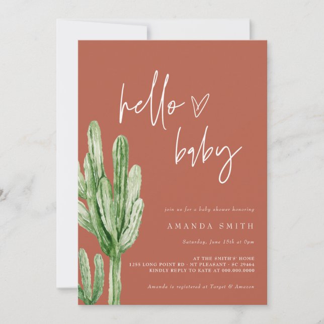 Invitación Desierto Neutral de Género Cactus Hola Baby Shower (Anverso)