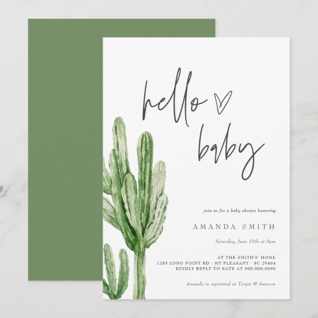 Invitación Desierto Neutral de Género Cactus Hola Baby Shower (Anverso / Reverso)