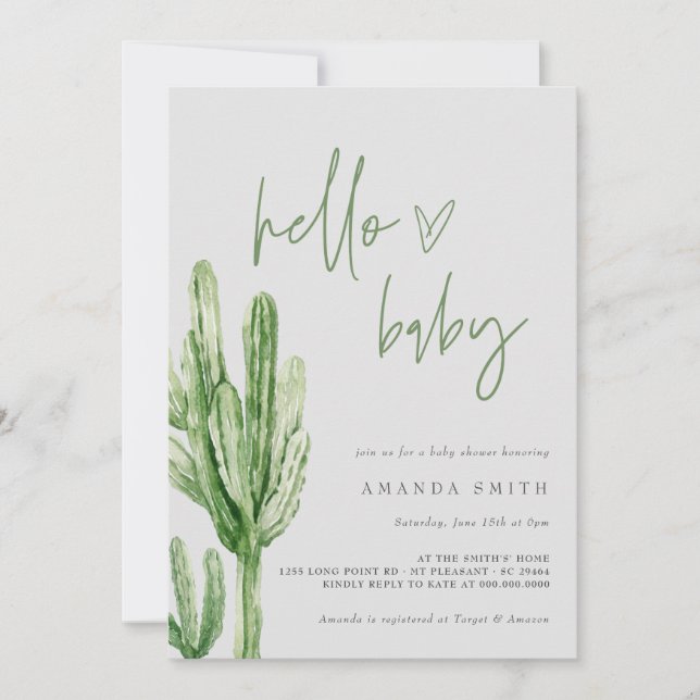 Invitación Desierto neutro de género Cactus Hola Baby Shower  (Anverso)