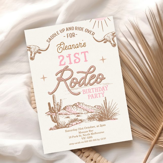 Invitación Desierto Oeste Rosa 21° Rodeo 21° cumpleaños (Vintage 21st Rodeo 21st Birthday Invitation, Editable Rustic Cowgirl Birthday Invitation, Western)