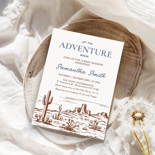 Invitación Desierto salvaje que permita que la aventura empie (Boys Wilderness Desert Let the Adventure Begin Baby Shower Invitation, Wilderness Themed Baby )