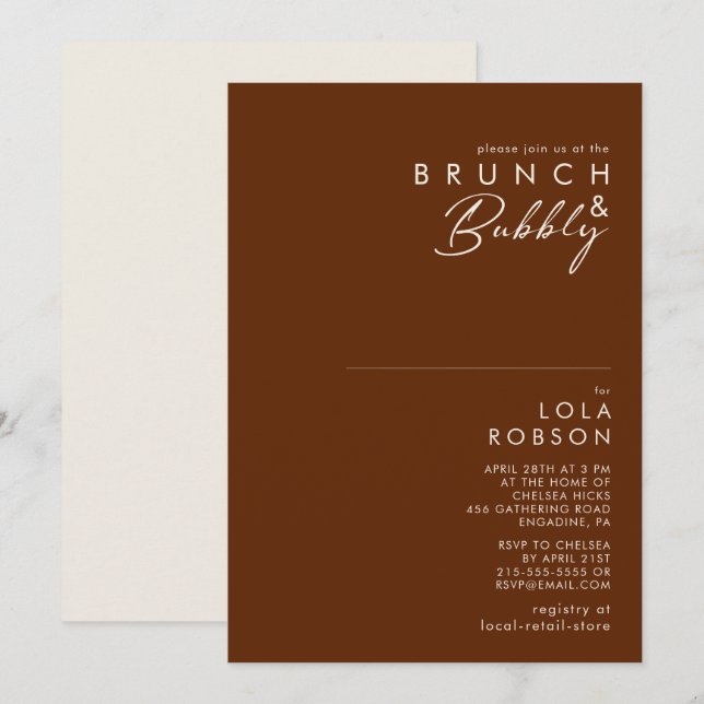 Invitación Desierto simple | Brunch de canela oscura y burbuj (Anverso / Reverso)