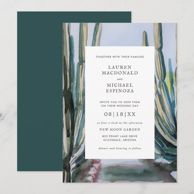 Invitación Desierto verde de Cactus bohemias acuarela (Anverso / Reverso)