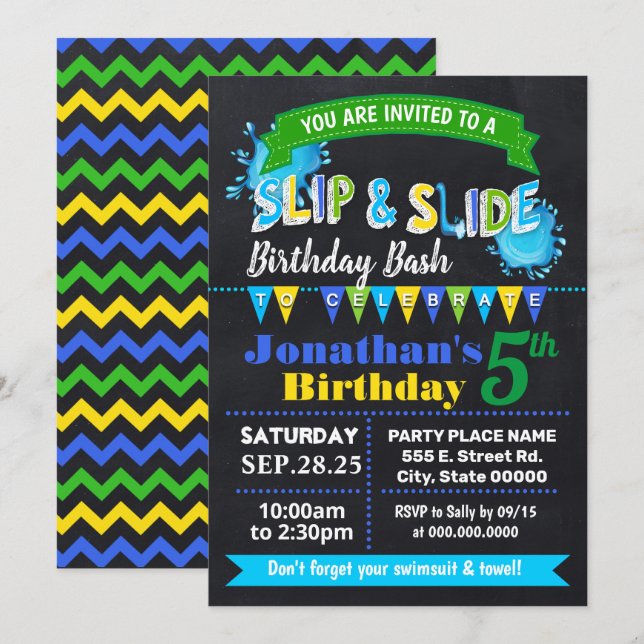 Invitación Deslizador de pizarra y fiesta azul de cumpleaños  (Anverso / Reverso)