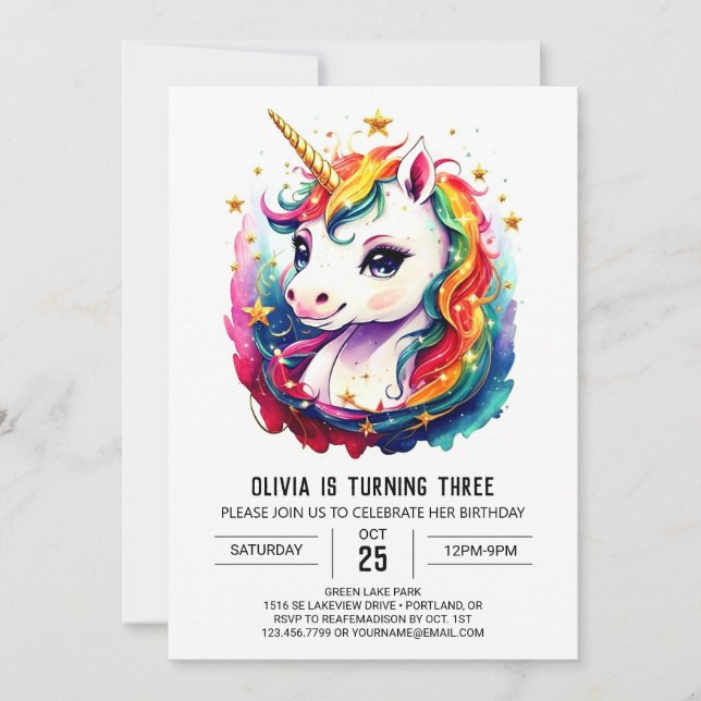 Invitación Deslumbramiento de cumpleaños de Unicornio impreso (Anverso)