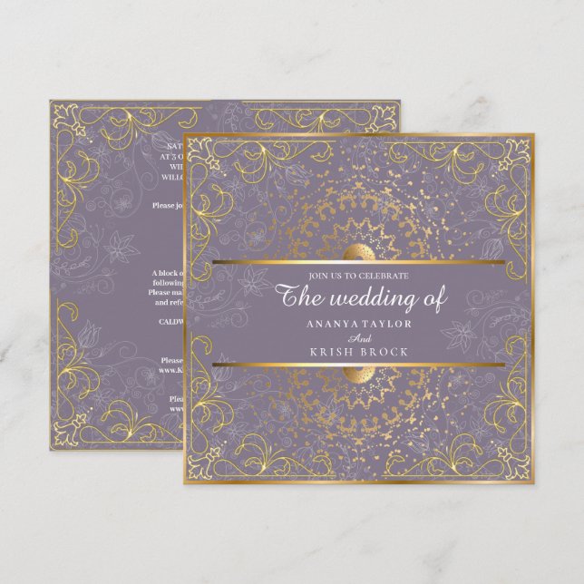 Invitación Deslumbrante Boda morado y dorado (Anverso / Reverso)
