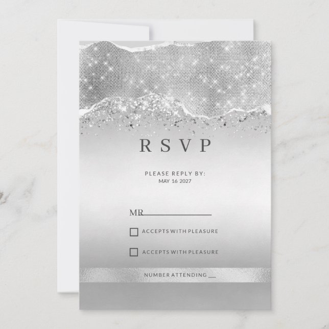 Invitación Deslumbrante brillo plateado brillo RSVP (Anverso)