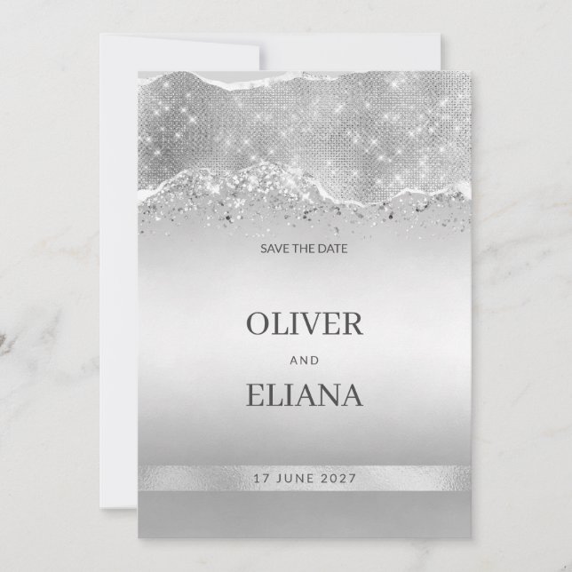 Invitación Deslumbrante brillo plateado glitter Save the Date (Anverso)