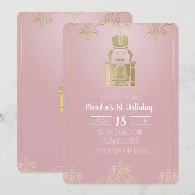 Invitación Deslumbrante Elegante Pink & Gold Cascanueces Cump (Anverso / Reverso)