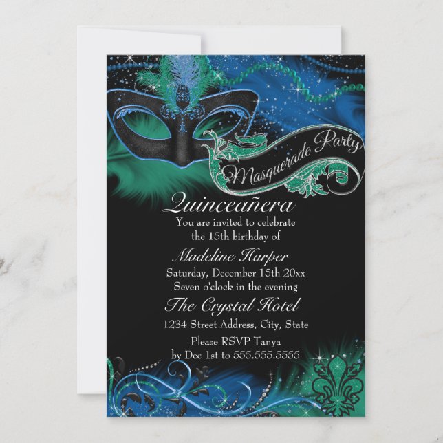 Invitación Deslumbrante Mascarada Azul y Verde Quinceanera (Anverso)