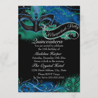 Invitación Deslumbrante Mascarada Azul y Verde Quinceanera