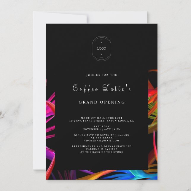 Invitación Desordenado estilo tropical negro Apertura a los n (Anverso)