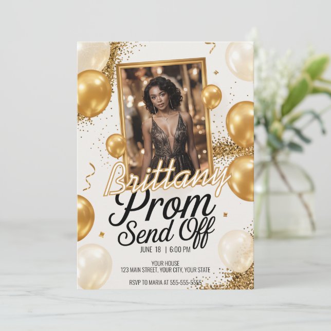 Invitación Despedida de Prom Editable Dorado Brillante con Pu (Anverso de pie)