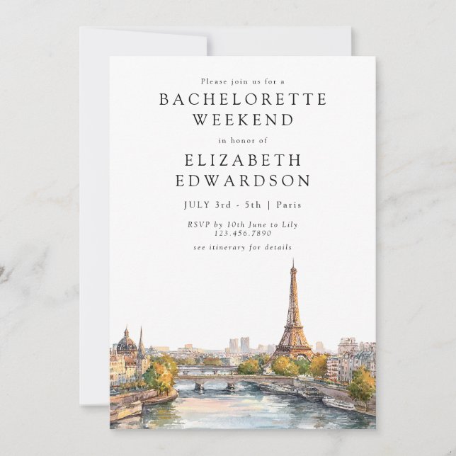 Invitación Despedida de soltera acuarela horizonte de París (Anverso)