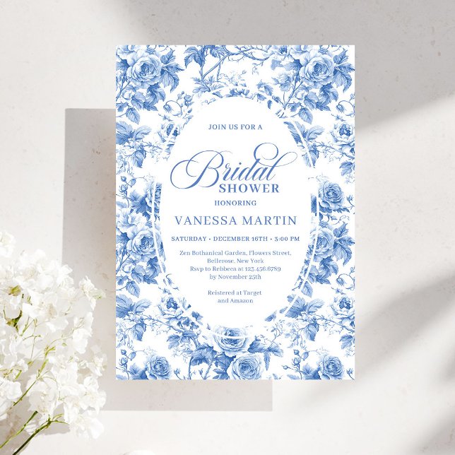 Invitación Despedida de soltera atemporal Royal Blue Toile de (Timeless Royal Blue Toile de Jouy Bridal Shower Invite)
