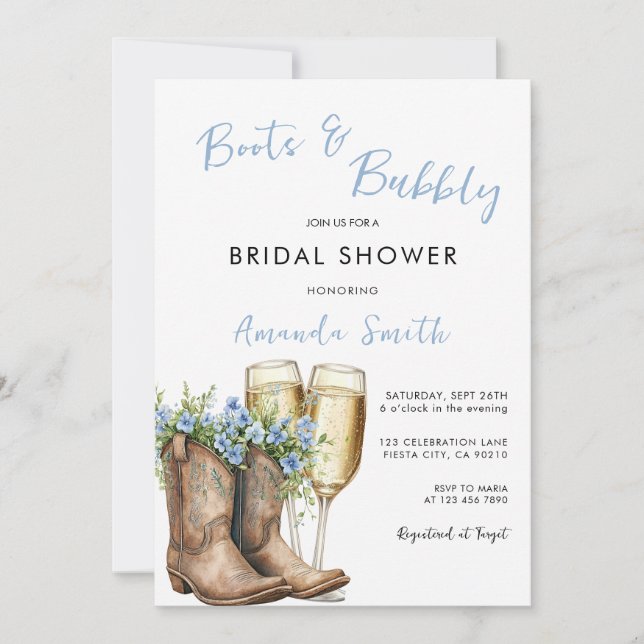 Invitación Despedida de soltera azul Botas y Burbujas  (Anverso)