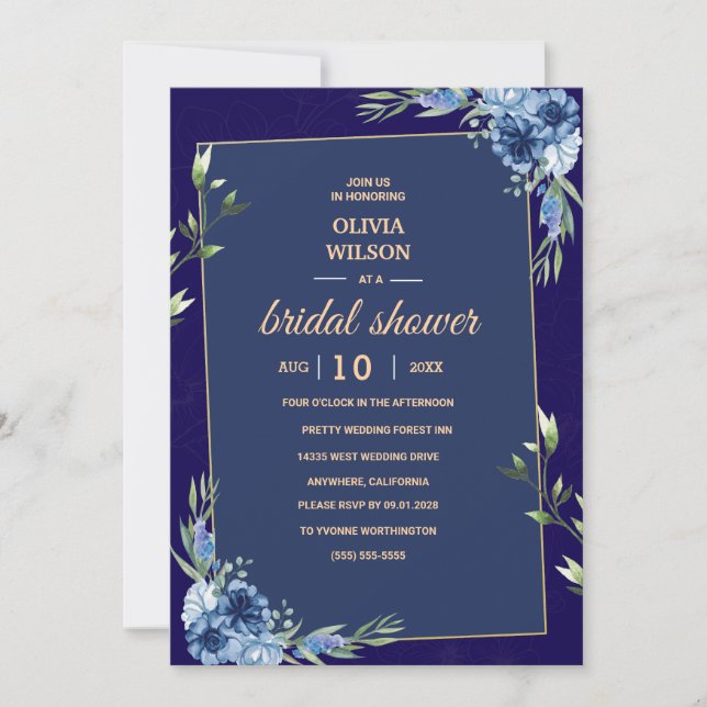 Invitación Despedida de soltera azul marino borgoña oro rosa (Anverso)
