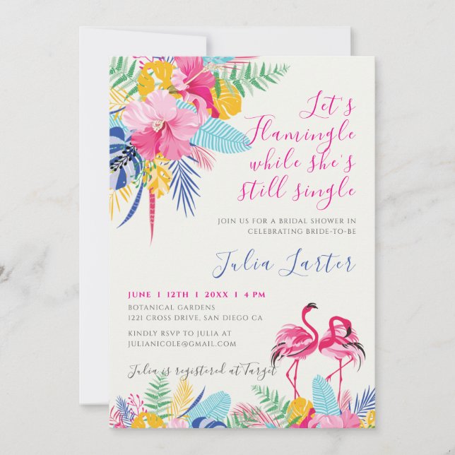 Invitación Despedida de soltera azul marino rosa tropical bos (Anverso)