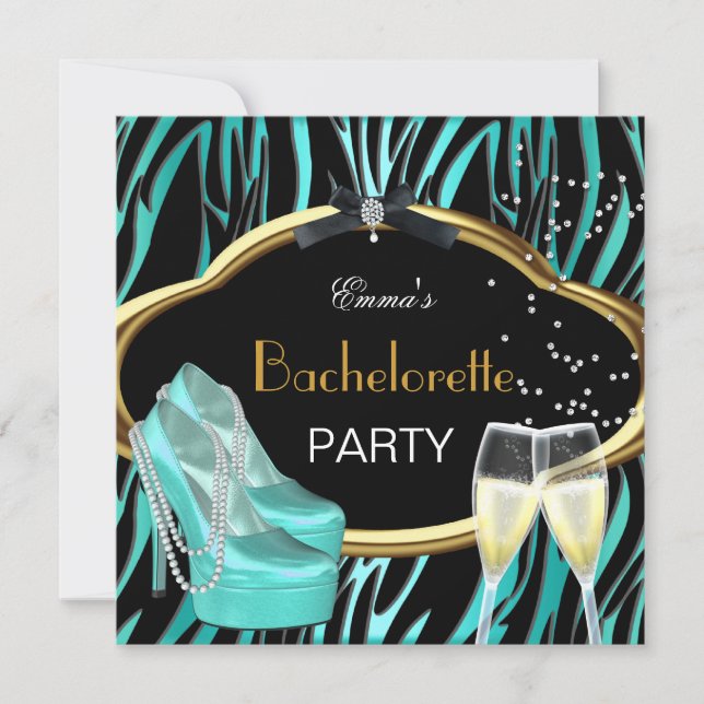 Invitación Despedida de soltera azul turquesa dorado negro ce (Anverso)