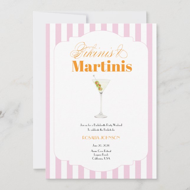 Invitación Despedida de soltera Bikinis & Martinis (Rosa y Na (Anverso)