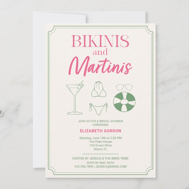 Invitación Despedida de soltera Bikinis y Martinis Rosa Verde (Anverso)