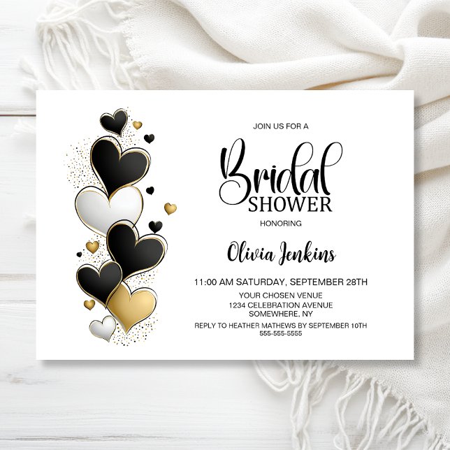 Invitación Despedida de soltera Black White Gold Hearts (Subido por el creador)