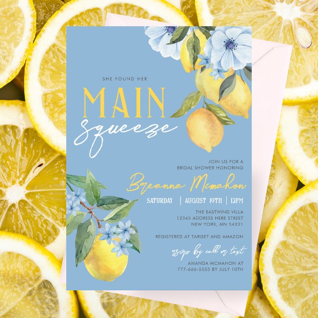 Invitación Despedida de soltera Blue Lemon Found Her Main Squ (Lemon Bridal Shower Invitations are available printed with envelopes or for high resolution download)