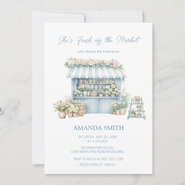 Invitación Despedida de Soltera Blue She’s Fresh Off The Mark (Anverso)