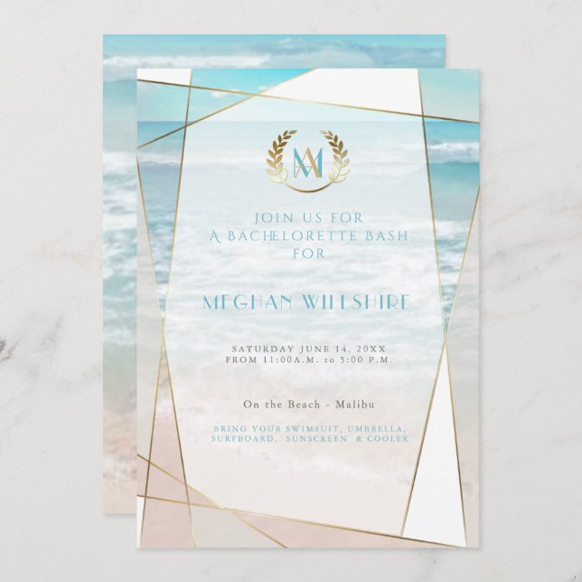 Invitación Despedida de Soltera | Boda de Playa con Monograma (Anverso / Reverso)
