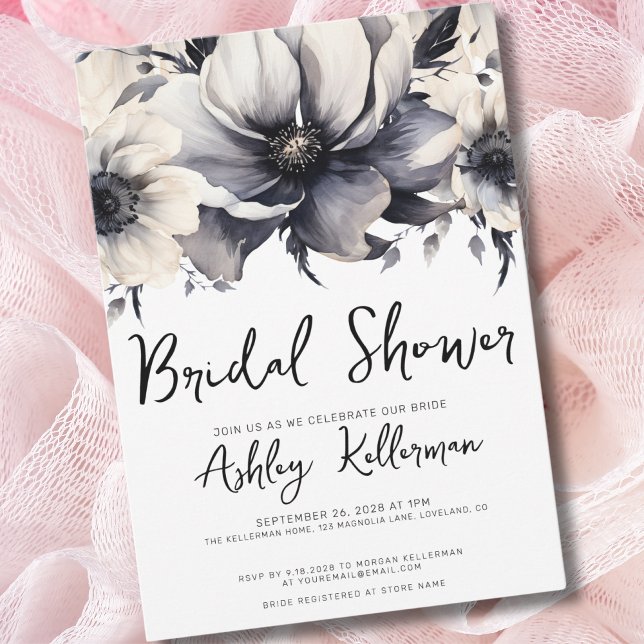 Invitación Despedida de Soltera Bohemio Simple Moderno Floral (Boho Elegant Floral Black White Bridal Shower Invitation)