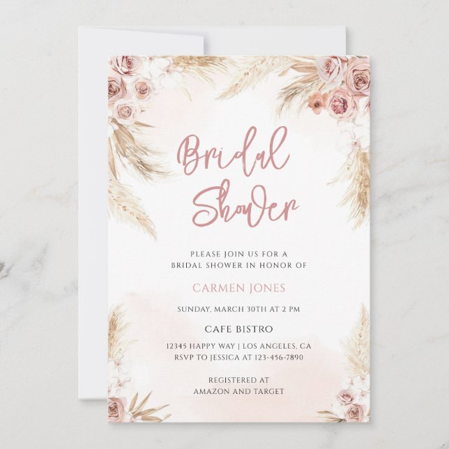Invitación Despedida de soltera boho con hierba de Pampas (Anverso)