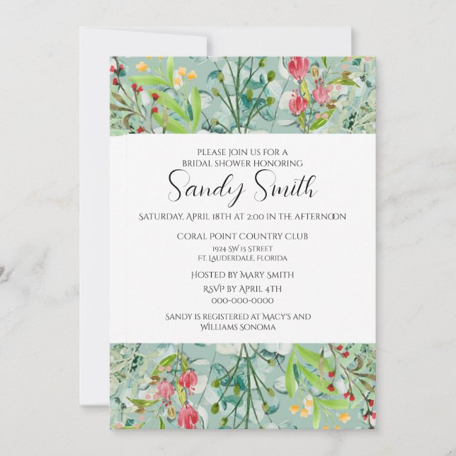 Invitación Despedida de soltera Boho con hojas verdes y flore (Anverso)