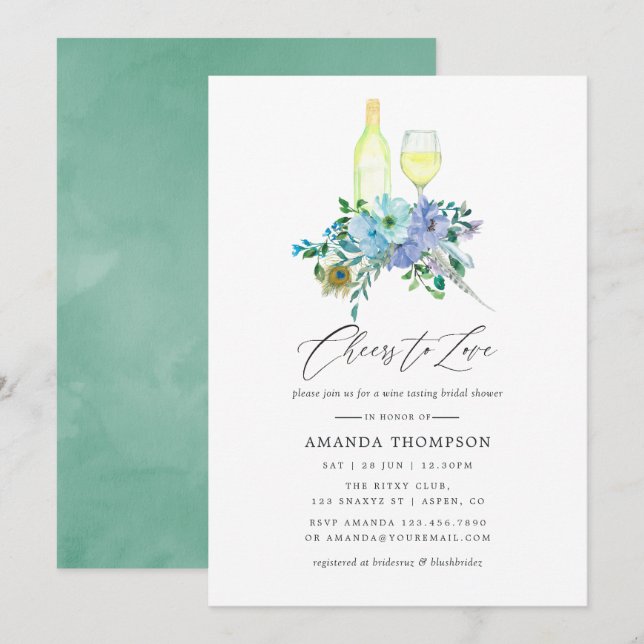 Invitación Despedida de soltera boho de menta y azul con cata (Anverso / Reverso)
