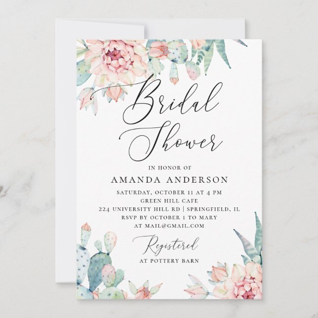 Invitación Despedida de Soltera Boho | Floral de Cactus Acuar (Anverso)