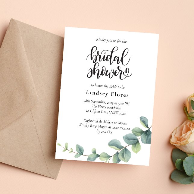 Invitación Despedida de soltera boho moderna con eucalipto bo (Eucalyptus botanical boho bridal shower invitation adds fresh minimalist charm to celebrations)