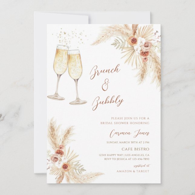 Invitación Despedida de soltera Boho Pampas Champagne (Anverso)