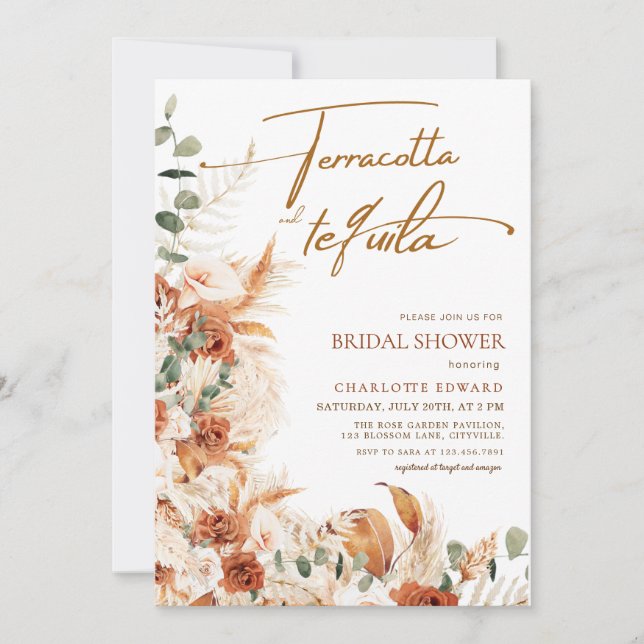 Invitación Despedida de soltera Boho Pampas Terracotta y Tequ (Anverso)