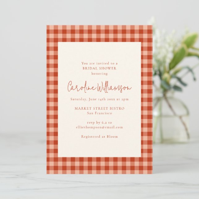 Invitación Despedida de Soltera Boho Terracota Rust Gingham C (Anverso de pie)