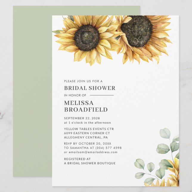 Invitación Despedida de soltera botánica con girasoles de euc (Anverso / Reverso)