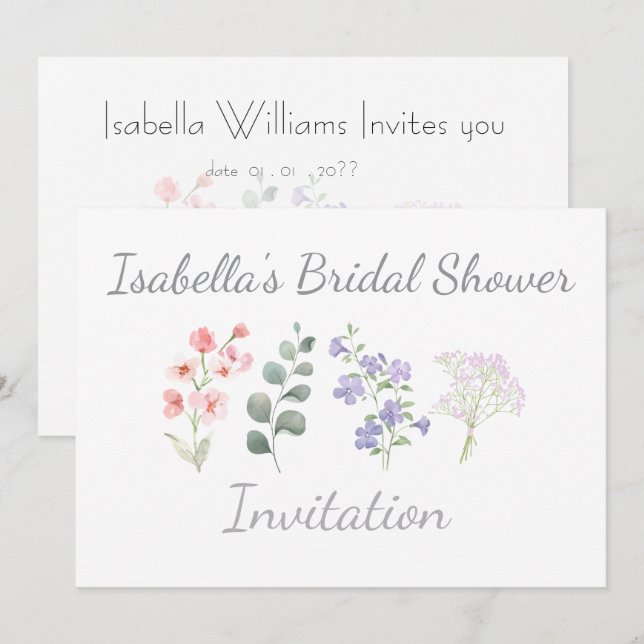 Invitación Despedida de soltera botánico acuarela de flores s (Anverso / Reverso)