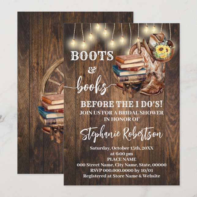 Invitación Despedida de Soltera Botas del Oeste y Libros Ante (Anverso / Reverso)