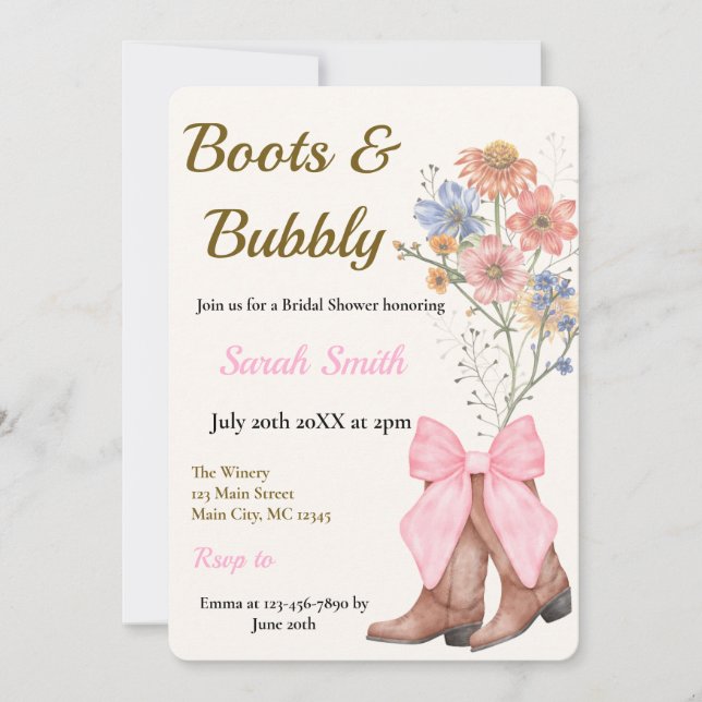 Invitación Despedida de soltera Botas y Bubbly (Anverso)