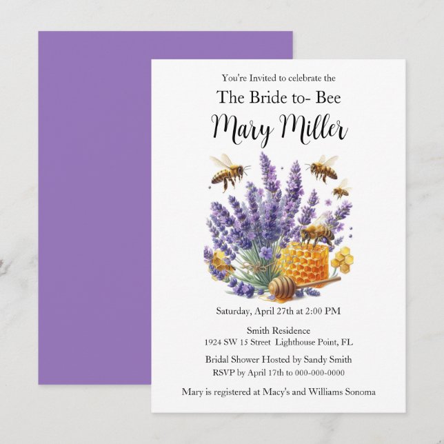 Invitación Despedida de soltera Bride-to-Bee Lavanda Miel (Anverso / Reverso)