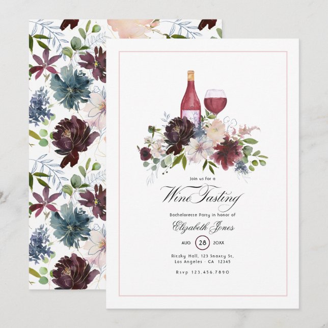 Invitación Despedida de Soltera Burgundy Boho Polvo Azul Vino (Anverso / Reverso)