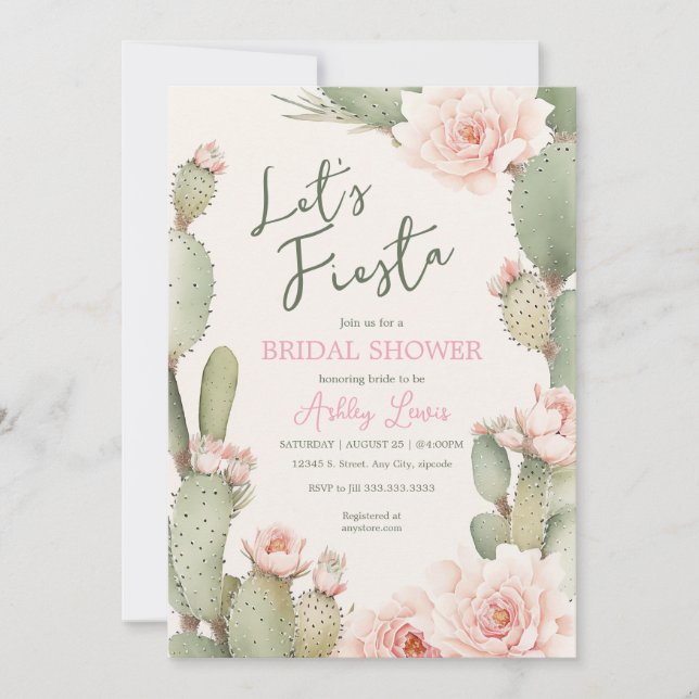 Invitación Despedida de soltera Cactus Boho Flores rosadas (Anverso)