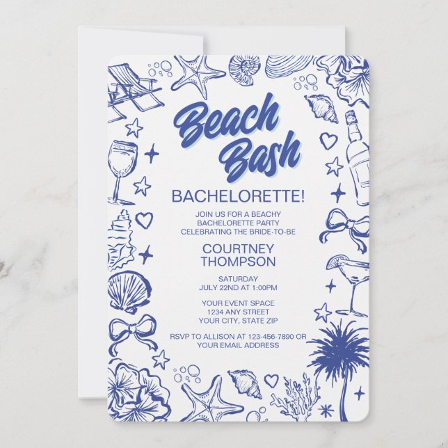 Invitación Despedida de soltera caprichosa azul de fiesta en  (Anverso)