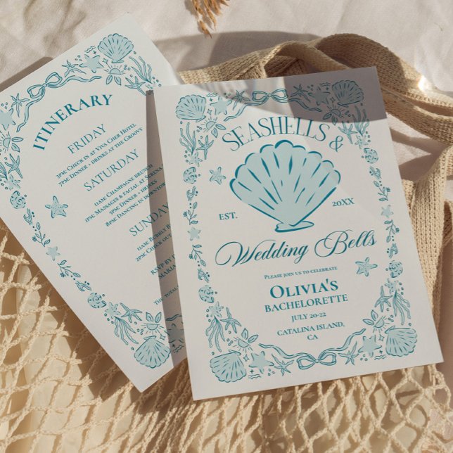 Invitación Despedida de soltera Caracoles y campanas de boda (Seashells & Wedding Bells Bachelorette Invitation)