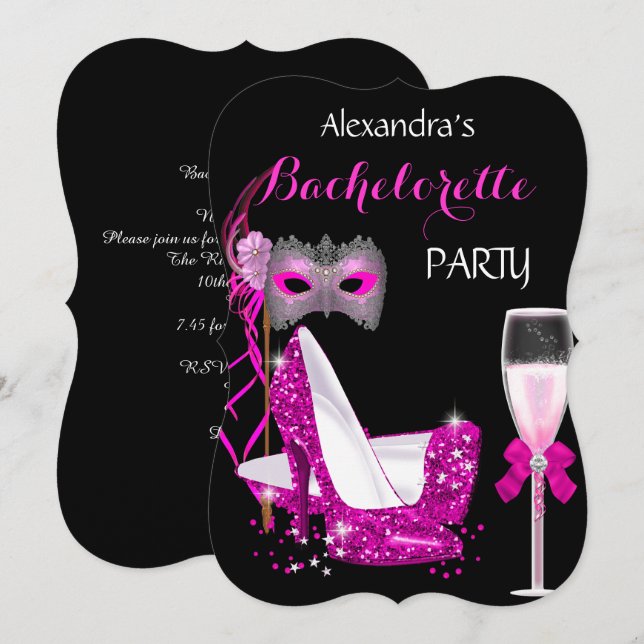 Invitación Despedida de soltera Champagne Masquerade Rosa Cal (Anverso / Reverso)
